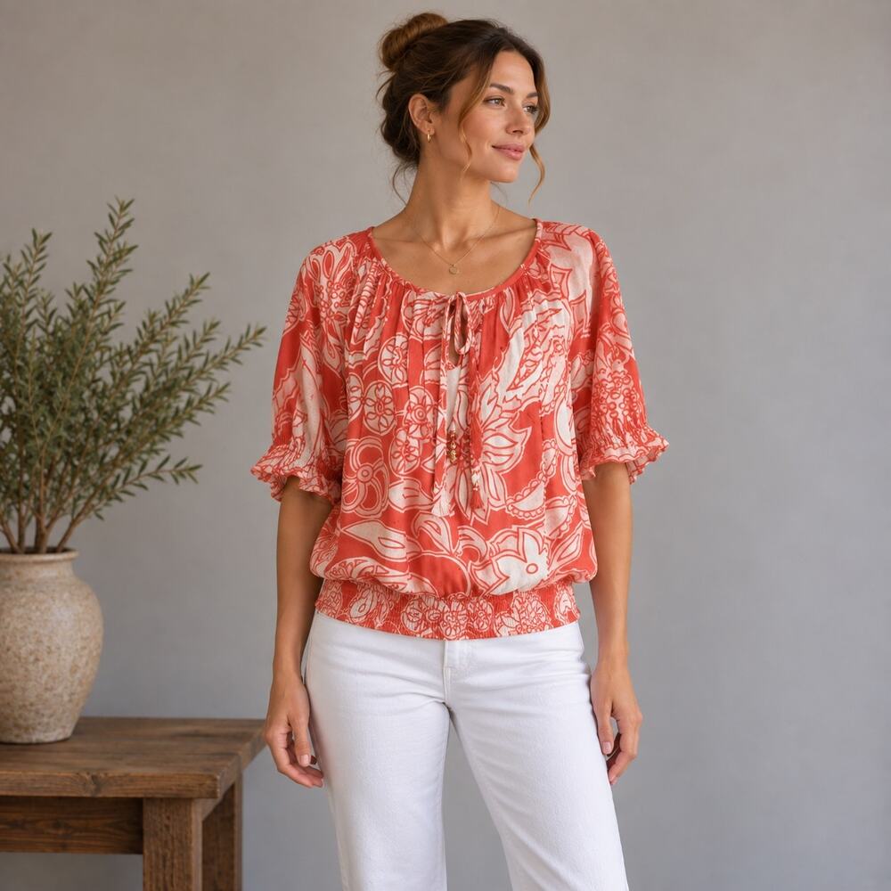 Joie Cotton Coral Floral Short Sleeve Peasant Top Small